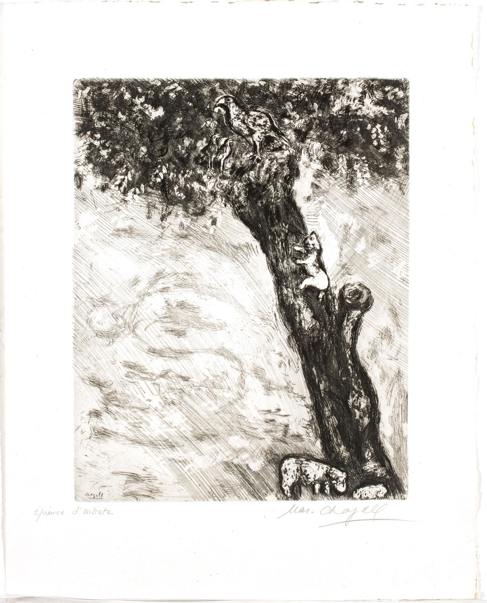 Marc Chagall (French/Russian, 1887-1985) Etching on Montval Laid Paper, C. 1927-31, L’Aigle la: Marc Chagall (French/Russian, 1887-1985) Etching On Montval Laid Paper, C. 1927-31, L'aigle La Laie Et La Chatte, H 11.7'' W 9.4'' L'aigle la laie et la chatte (from Fables de la Fontaine) Etching and