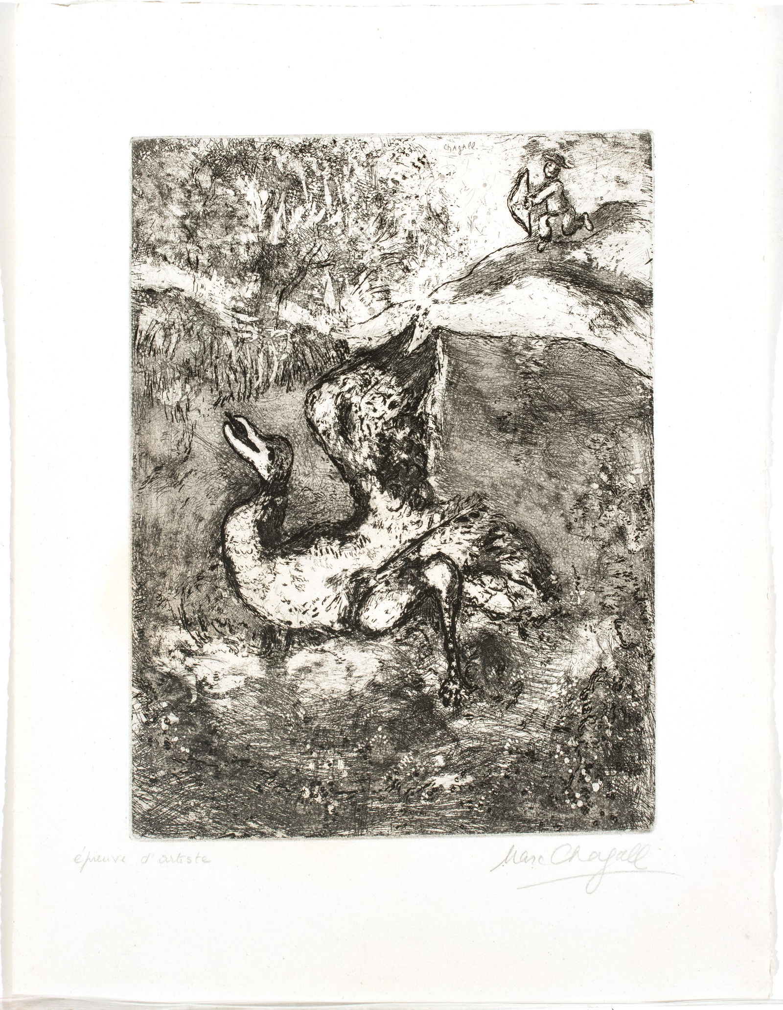 Marc Chagall (French/Russian, 1887-1985) Etching on Montval Laid Paper, C. 1927-31, Le Cheval ET: Marc Chagall (French/Russian, 1887-1985) Etching On Montval Laid Paper, C. 1927-31, Le Cheval Et L'âne, H 11.7'' W 9.4'' Le Cheval et l'âne (from Les Fables de la Fontaine) Etching and drypo