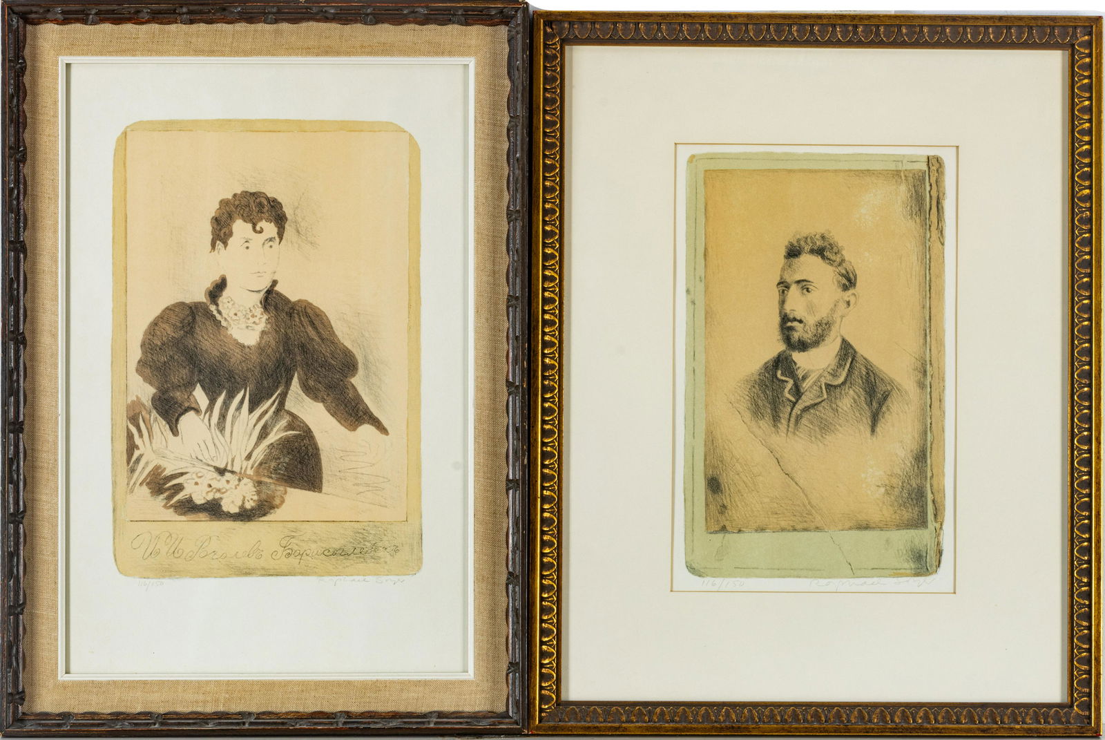 Raphael Soyer (Russian/American 1899-1997) Etchings on Paper, Two Pcs. H 16” W 9”: RAPHAEL SOYER (RUSSIAN/AMERICAN 1899-1997) ETCHINGS ON PAPER, TWO PCS. H 16" W 9" Portrait of a man and a woman. Both #116/150, framed Man- 28"x 22", and woman 28" x 20". Provenance: a metro Detroit e