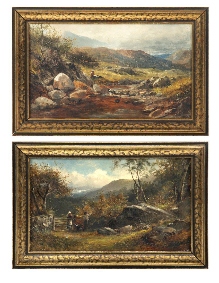 David Bates, 1840 - 21, British, Oil on Canvas, 1876, Pair H 7” W 12.5” Old Road -: DAVID BATES, 1840 - 21, BRITISH, OIL ON CANVAS, 1876, PAIR H 7" W 12.5" OLD ROAD - BETTWS Signed. Location on verso. One with Winsor & Newton canvas and "The Old Road Bettws". Other with label: Geo Ro