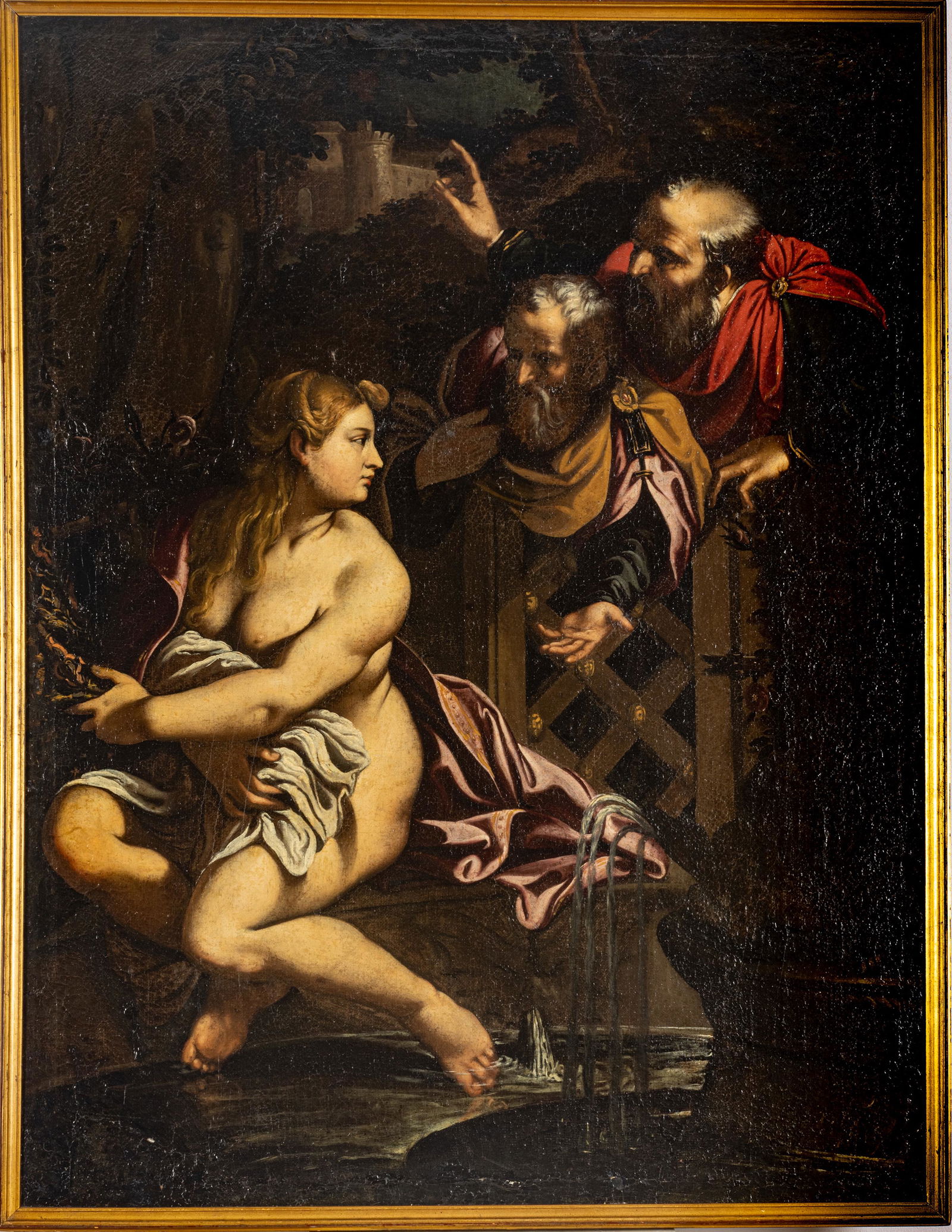 After Annibale Carracci Oil on Canvas, Circa 17th C., H 52” W 38” Susanna and the Elders: AFTER ANNIBALE CARRACCI OIL ON CANVAS, CIRCA 17TH C., H 52" W 38" SUSANNA AND THE ELDERS Italian Baroque style old master depicting Susanna and the Elders, after Annibale Carracci. Framed 55" x 40". P