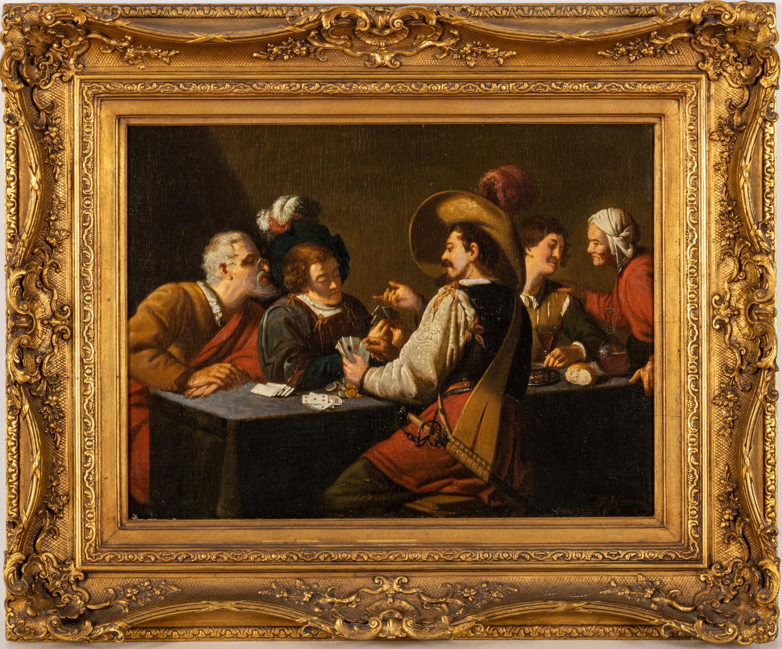 Theodore Joseph Canneel (Belgian 1817-1892) After Theodoor Rombouts Oil on Canvas, 1870, H 23”: THEODORE JOSEPH CANNEEL (BELGIAN 1817-1892) AFTER THEODOOR ROMBOUTS OIL ON CANVAS, 1870, H 23", W 30.5", "THE CARD PLAYERS" Oil on canvas painting by Theodore Canneel after Theodoor Rombouts (Belgian 