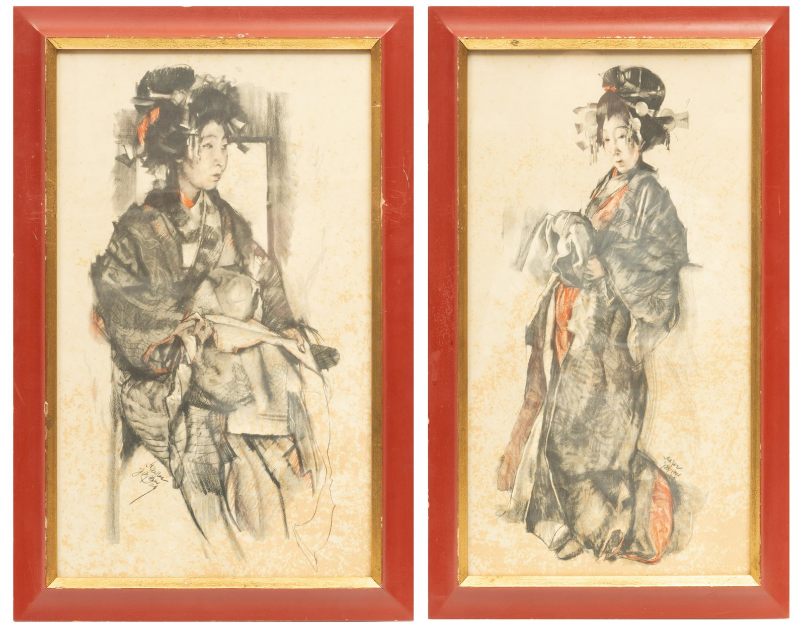 Roland Strasser (Austrian, 1895-1974) Pair of Charcoals on Paper, C. 1930, Geisha Girls, H: Roland Strasser (Austrian, 1895-1974) Pair Of Charcoals On Paper, C. 1930, Geisha Girls, H 18.25'' W 10.75'' "Geisha Girl Standing" signed lower right "Strasser Japan '30". "Geisha Girl Sitting" signe