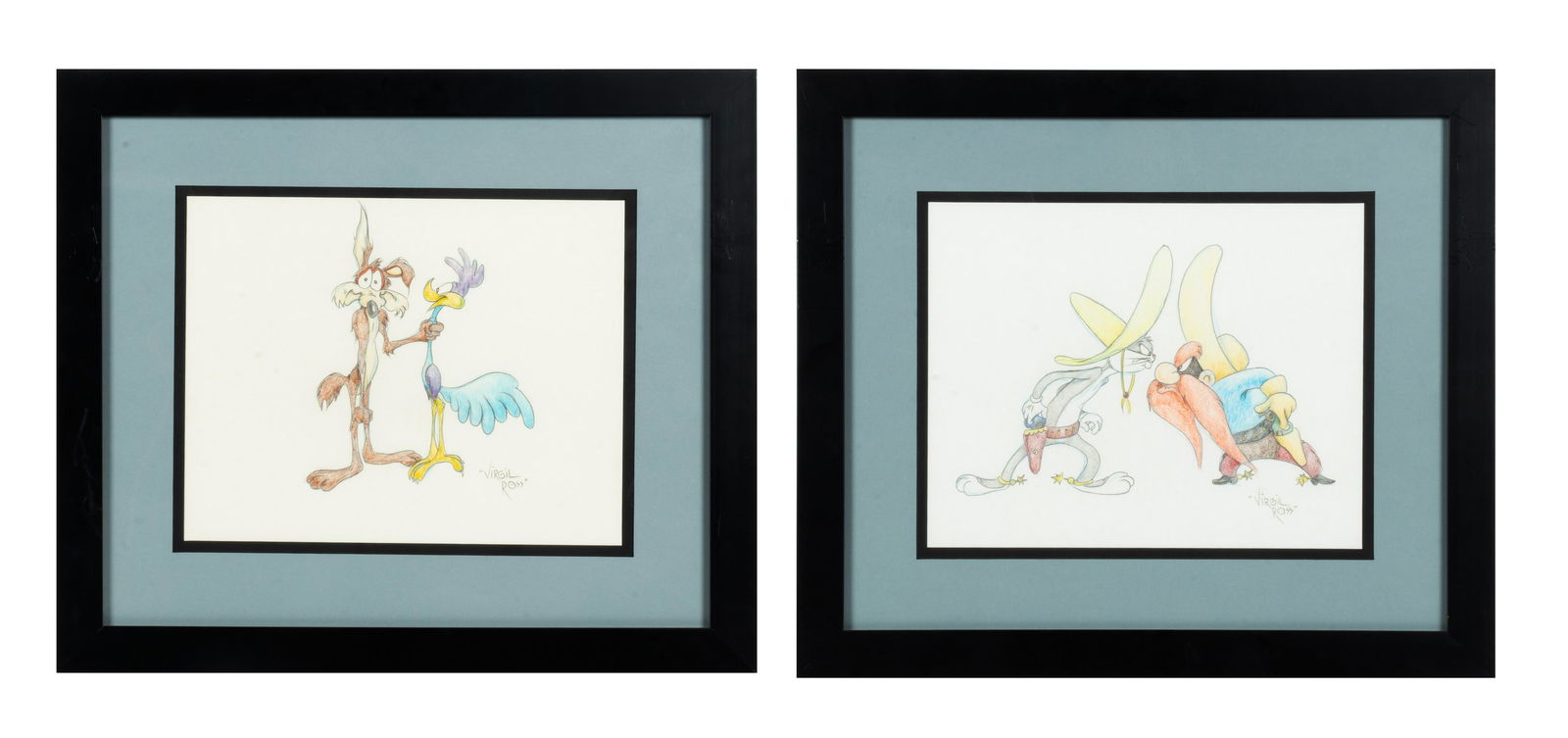 Virgil Ross (American, 1908-1996) Colored Pencil Drawings on Paper, Gunslingers; Wile E. Coyote and: Virgil Ross (American, 1908-1996) Colored Pencil Drawings On Paper, Gunslingers; Wile E. Coyote And The Road Runner, H 9.5'' W 12'' Each signed in pencil lower right. Warner Brothers Studios. Provenan