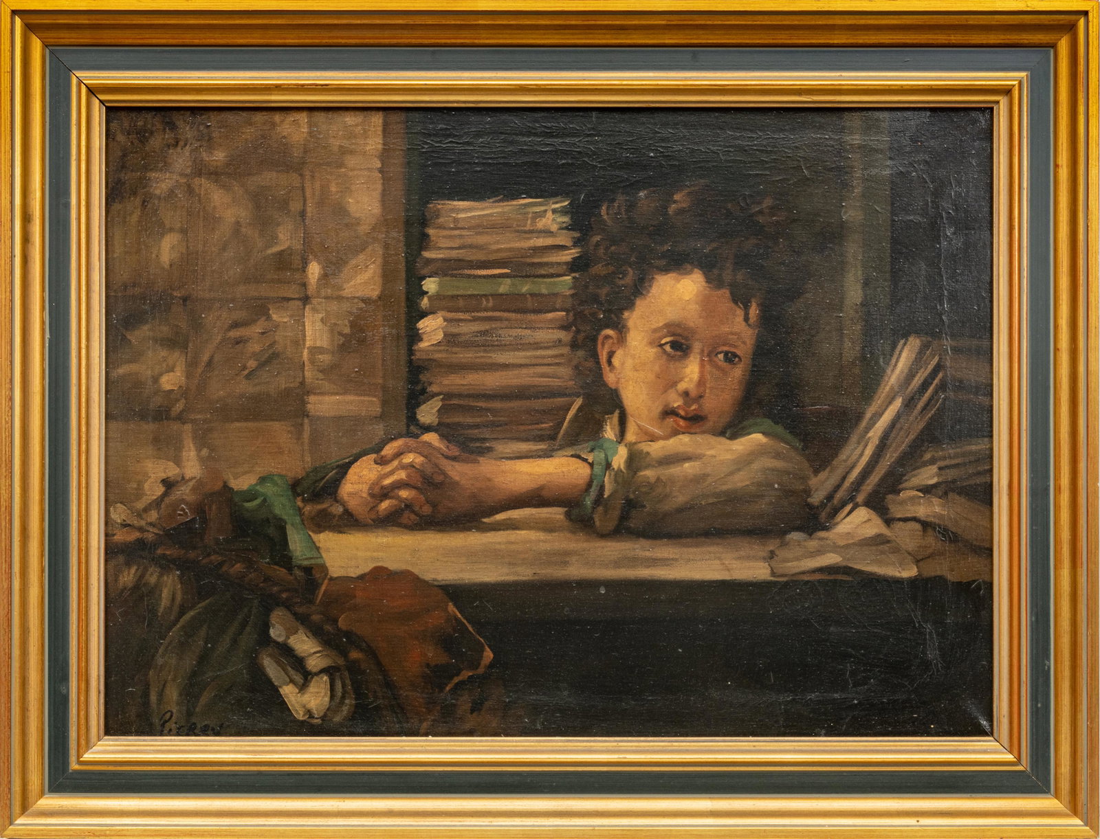 Style of Fernand Pierry (Italian, B. 1932) Oil on Canvas, H 20”, W 28.25”, Young Boy: STYLE OF FERNAND PIERRY (ITALIAN, B. 1932) OIL ON CANVAS, H 20", W 28.25", YOUNG BOY WITH BOOKS A 20th century oil on canvas in the style of Fernand Pierry. Depicting a studied young boy adjacent to b