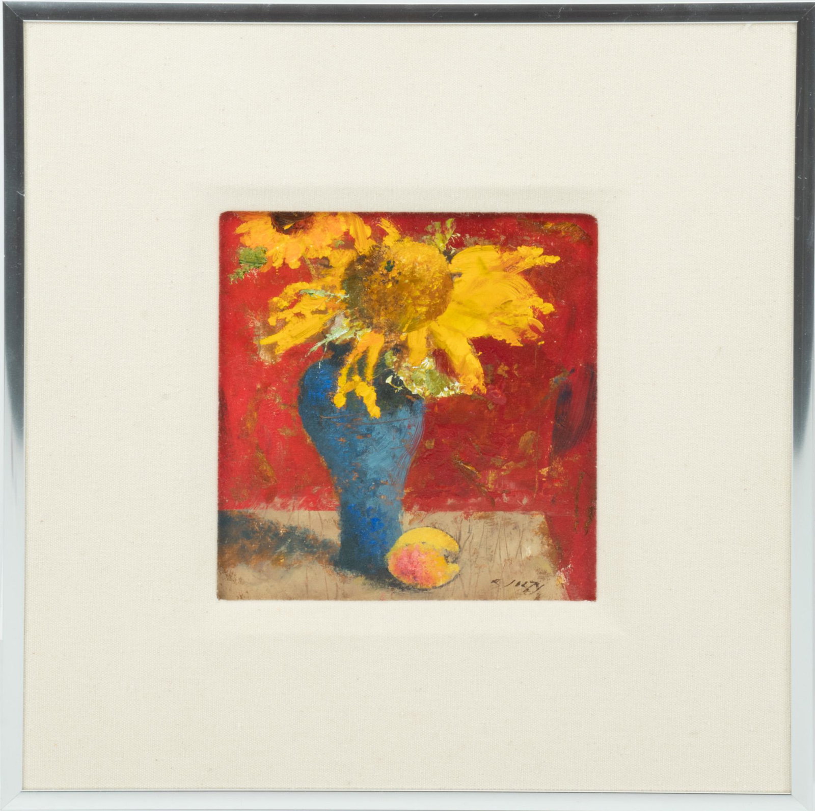 Richard Jerzy (Detroit, 1943-2001) Oil on Masonite, 2000, H 6”, W 6”, Sunflowers & Peach: RICHARD JERZY (DETROIT, 1943-2001) OIL ON MASONITE, 2000, H 6", W 6", SUNFLOWERS & PEACH A 2000 oil on masonite titled "Sunflowers and Peach" by Richard Jerzy. Depicting a bouquet with sunflowers in a