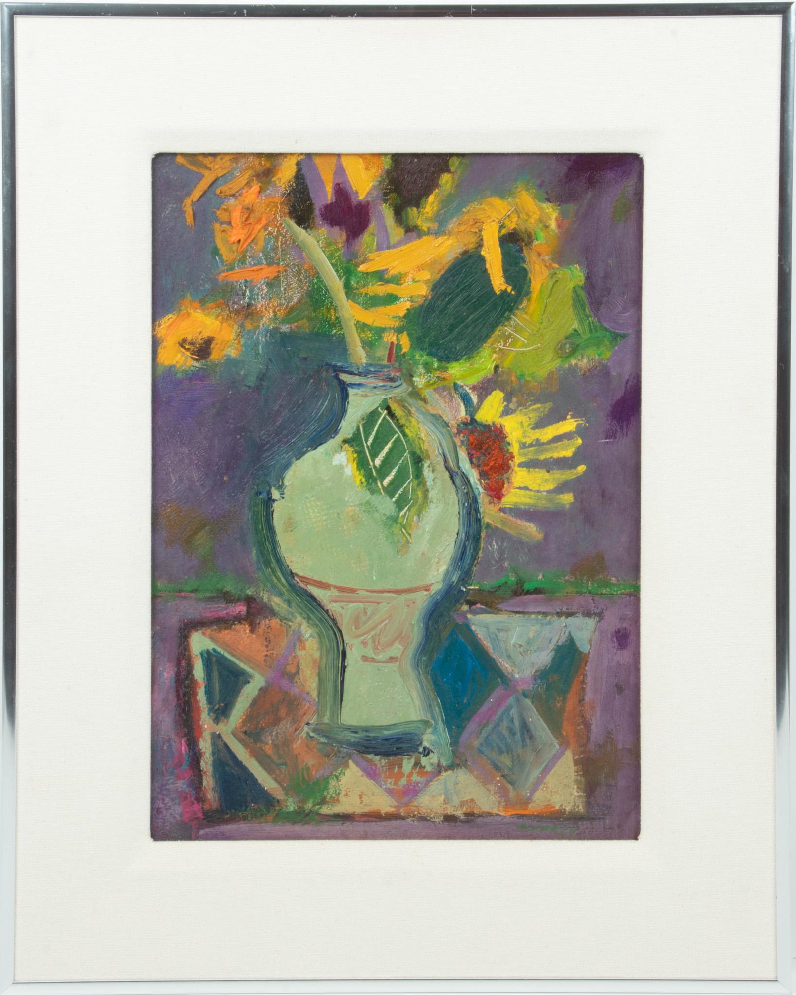 Richard Jerzy (Detroit, 1943-2001) Oil on Masonite, H 15”, W 11”, Sunflowers: RICHARD JERZY (DETROIT, 1943-2001) OIL ON MASONITE, H 15", W 11", SUNFLOWERS An oil on masonite titled "Sunflowers" by Richard Jerzy. Depicting a bouquet of sunflowers Artist's signature to the lower 