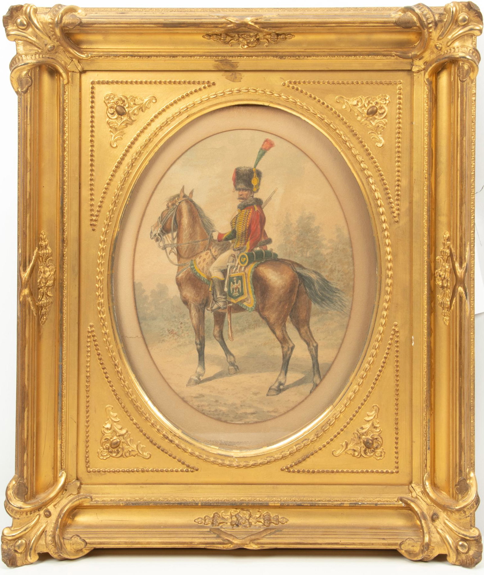 Watercolor, C. 1900 H 11” W 8” Hussar on Horseback: WATERCOLOR, C. 1900 H 11" W 8" HUSSAR ON HORSEBACK Not signed. In rococo frame 22" x 19".