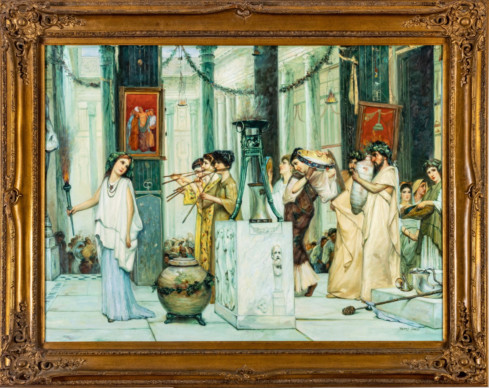 Janms Hanks (20th Century) Oil on Canvas, H 35.25” W 47” (Image) The Grape Harvest: JANMS HANKS (20TH CENTURY) OIL ON CANVAS, H 35.25" W 47" (IMAGE) THE GRAPE HARVEST FESTIVAL Signed lower right. Frame Measurements H 46.5" W 58"