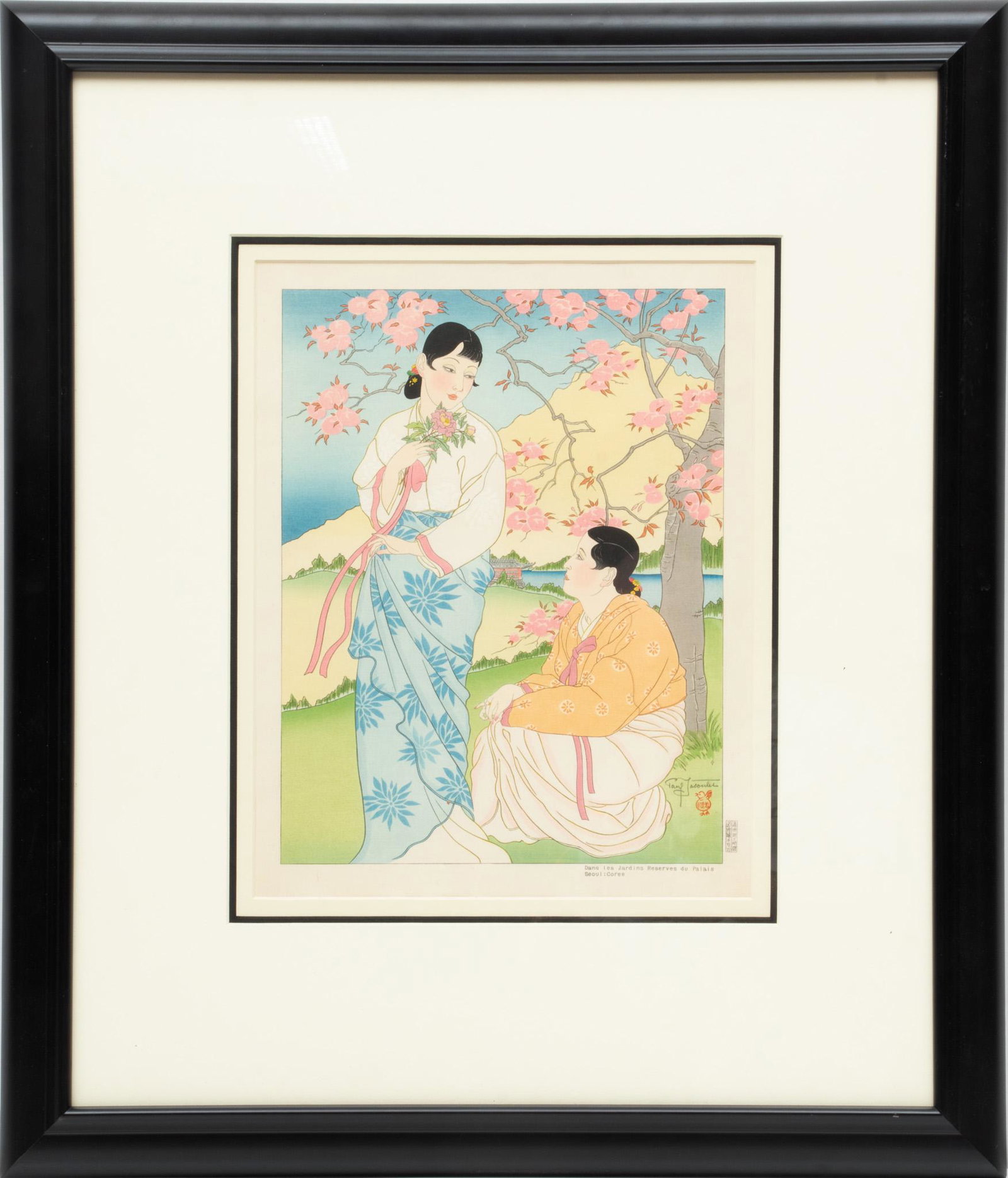 Paul Jacoulet (French 1902-1960) Woodblock Print in Colors on Japon Paper, C. 1947, H 15.5”, W: PAUL JACOULET (FRENCH 1902-1960) WOODBLOCK PRINT IN COLORS ON JAPON PAPER, C. 1947, H 15.5", W 11.75" (IMAGE), DANS LES JARDINS RESERVES DU PALAIS SEOUL: COREE, #100/350 Depicting two ladies in the pa