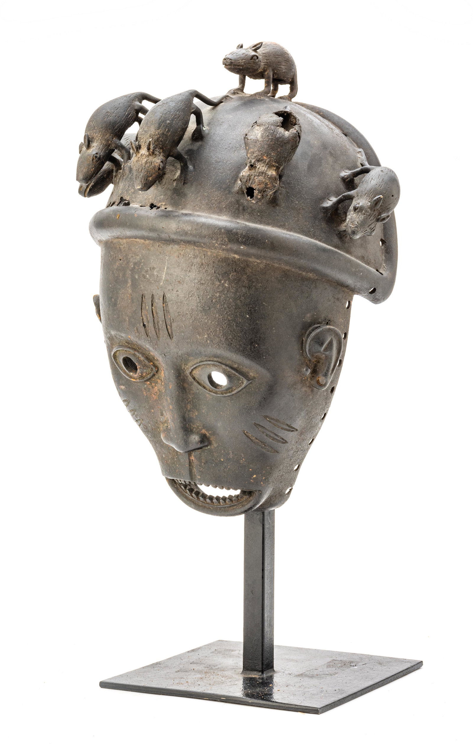 African Nigerian Bronze Headdress With Rats, H 14”, W 11”: AFRICAN NIGERIAN BRONZE HEADDRESS WITH RATS, H 14", W 11" A ceremonial headdress adorned with rats.