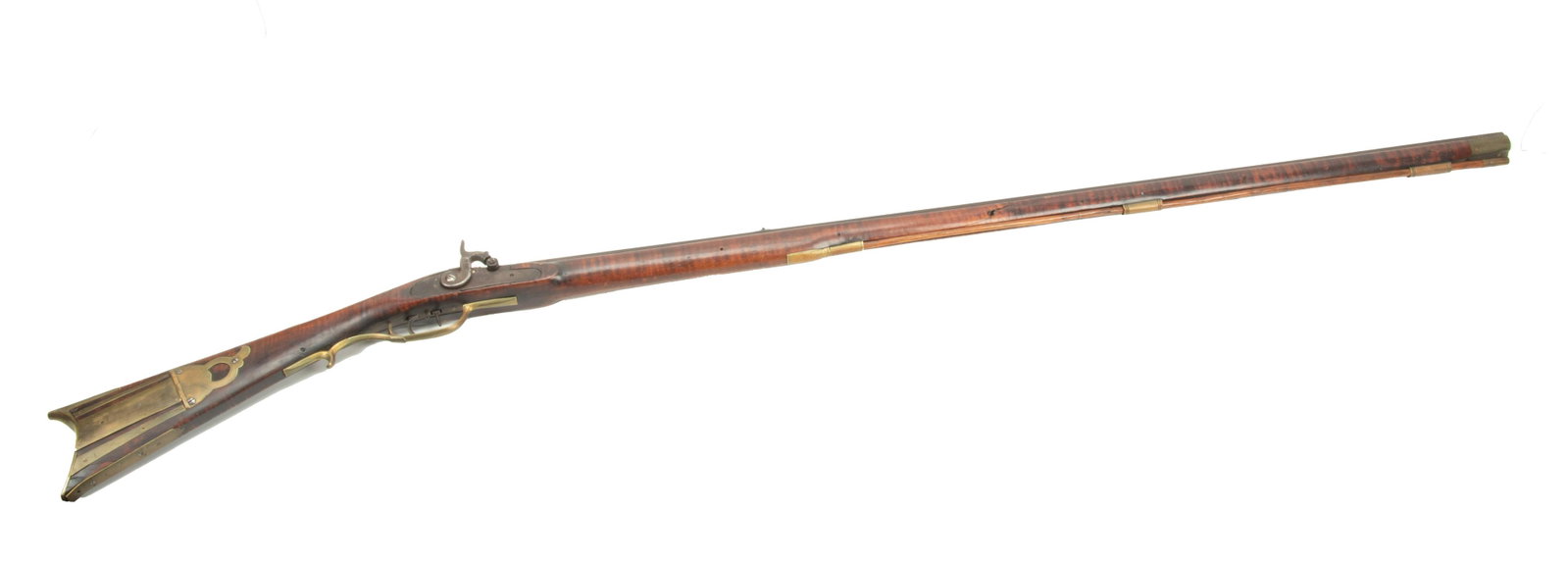 Henry Parker Full Stock Percussion Cap Kentucky Rifle, Mid 19th C., L 40” Barrel: HENRY PARKER FULL STOCK PERCUSSION CAP KENTUCKY RIFLE, MID 19TH C., L 40" BARREL Full maple stock with lockplate marked "Henry Parker Warranted" and initialed "J.M..." on top of the octagonal barrel. 