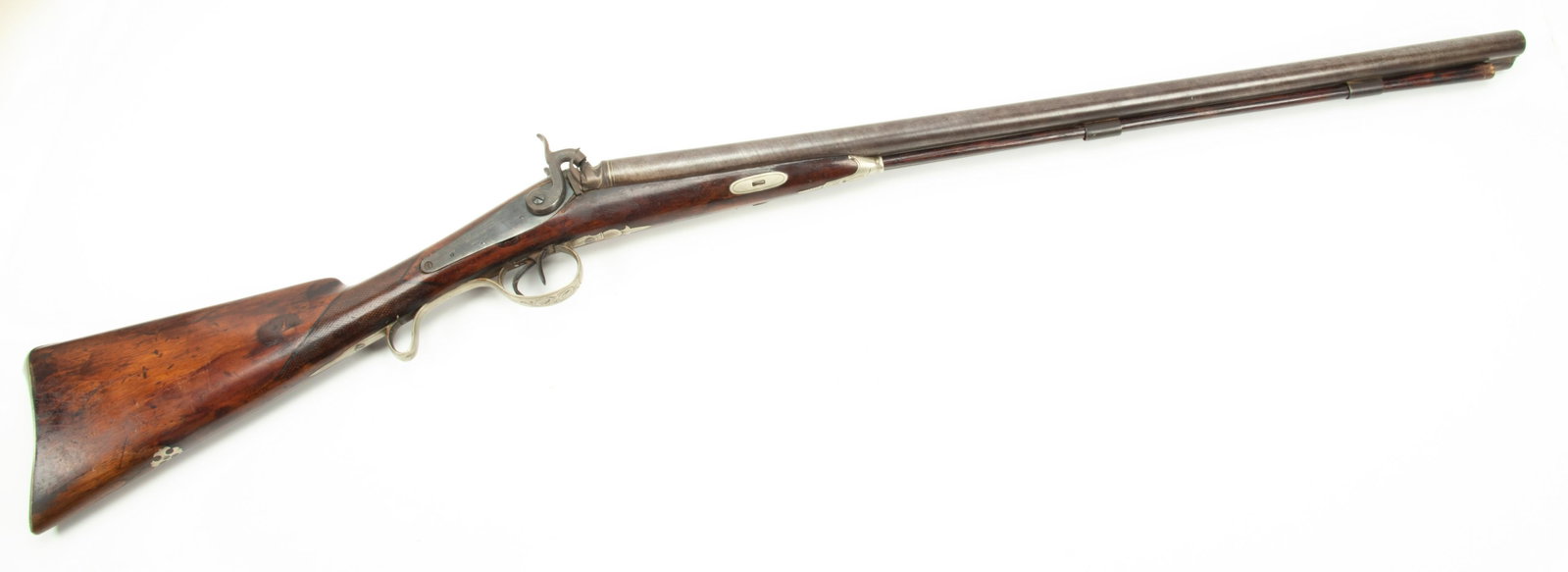 Belgian Side by Side Double Barrel Percussion Cap Shotgun, 12 GA., 19th C., L 29” Barrel: BELGIAN SIDE BY SIDE DOUBLE BARREL PERCUSSION CAP SHOTGUN, 12 GA., 19TH C., L 29" BARREL Walnut stock with engraved silver fittings. Double hammers and triggers. No apparent makers mark, barrel rib ma
