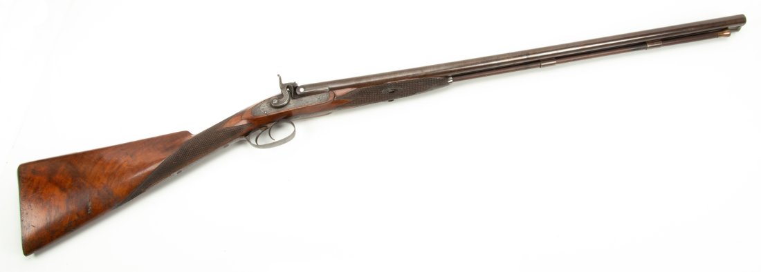 English Percussion Cap Side by Side Hunting Shotgun by Angel of Totness, C. 1850, L 30” Barrel: ENGLISH PERCUSSION CAP SIDE BY SIDE HUNTING SHOTGUN BY ANGEL OF TOTNESS, C. 1850, L 30" BARREL Bearing a stamp of "Angel Totness" on the rib and "Angel" on the lock, but no other identifying marks. Lo
