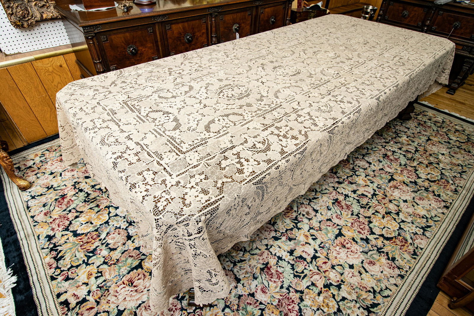 Venetian Hand Made Lace Tablecloth + Lace Edge Napkins (12) C. 1930, W 69’’ L 138’ (1 of 6)