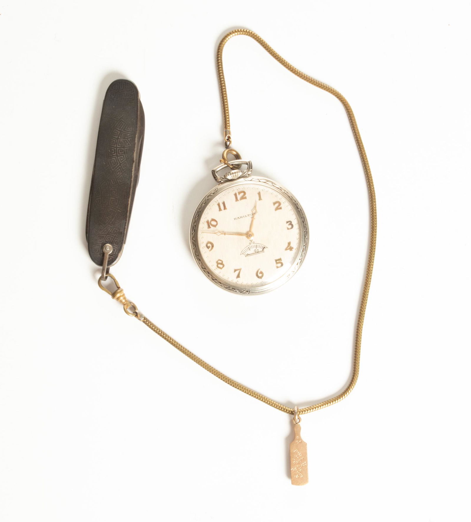 Hamilton 10K White Gold Pocket Watch, Open Face C. 1940, Dia. 1.8’’ (1 of 7)