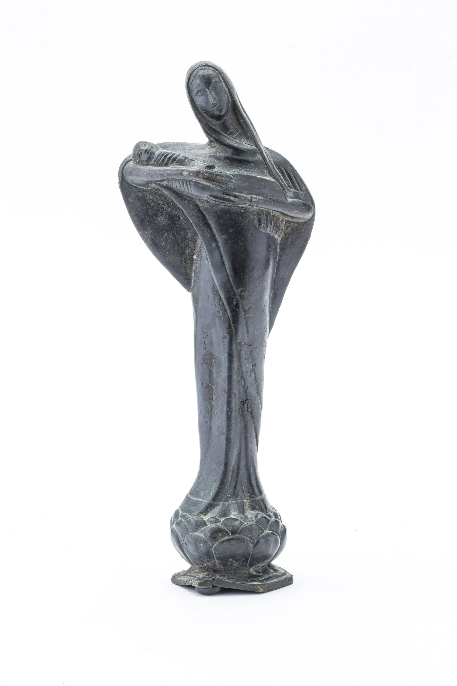 Nepal Bronze Goddess Sculpture 19th.C. H 12” on Lotus Base: NEPAL BRONZE GODDESS SCULPTURE 19TH.C. H 12" ON LOTUS BASE Goddess standing on a lotus flower and holding baby. Highly stylized. Well cast in green patina.