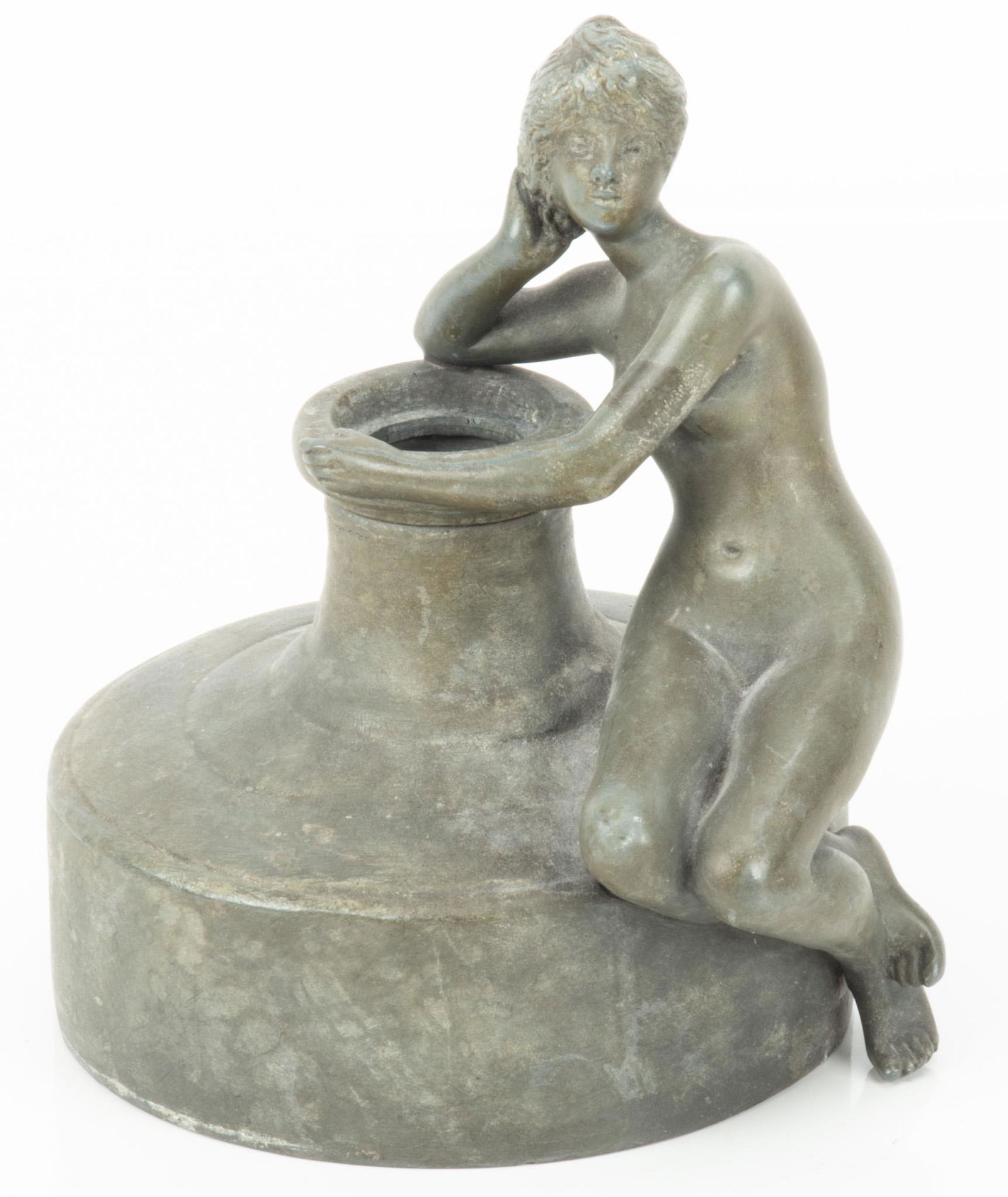 Jules Jouant (French, 1836-1921) Figural Pewter Inkwell, H 5”, W 5”: JULES JOUANT (FRENCH, 1836-1921) FIGURAL PEWTER INKWELL, H 5", W 5" An antique pewter inkwell by Jules Jouant. Depicting a young female nude seated on an inkwell. Artist's signature to the basin in mo