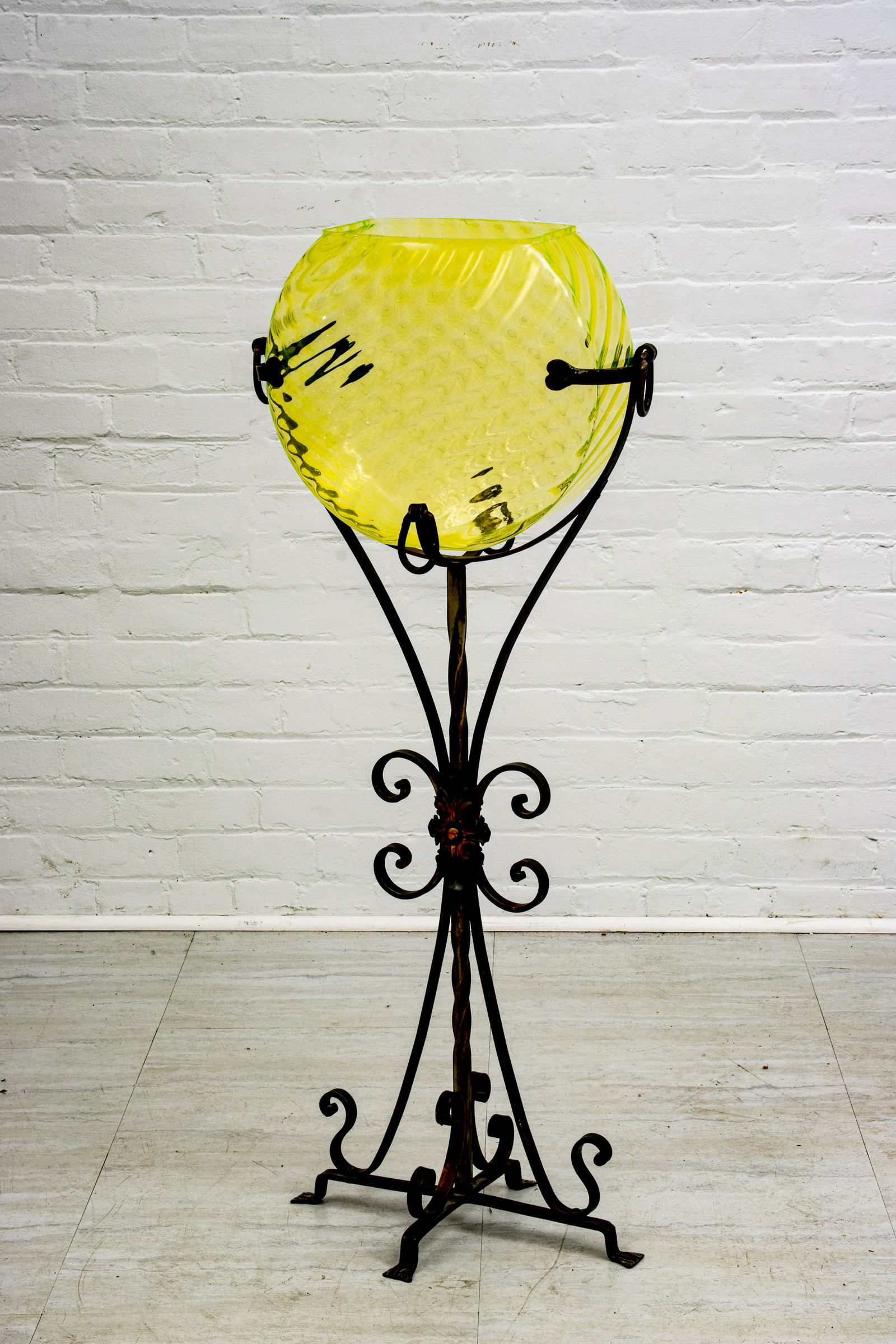 Wrought Iron and Vaseline Glass Planter, H 44”, W 18.5”, D 10” (1 of 4)