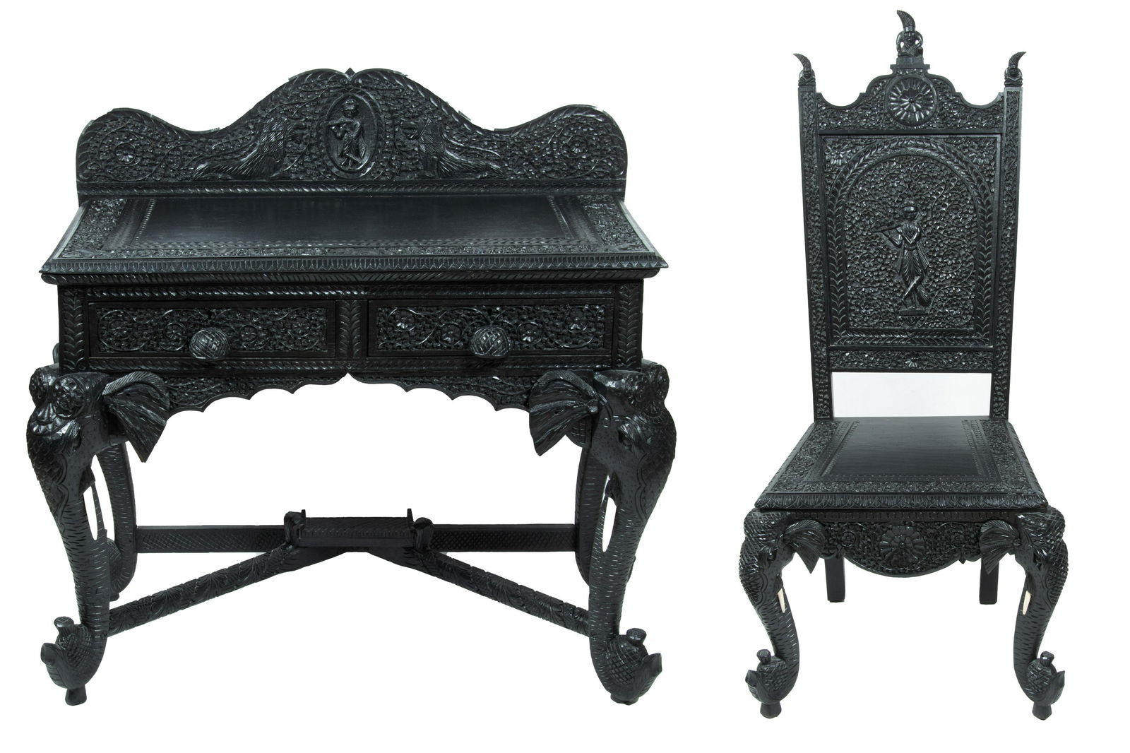 India Painted Carved Wood Desk and Chair (1 of 9)