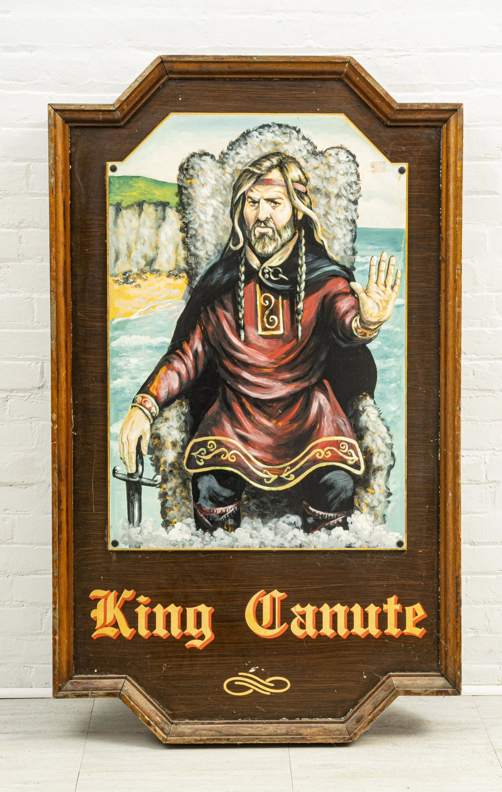 English Hand Painted Wood “King Canute” Pub Sign, 20th C., H 60”, W 36”, D (1 of 2)