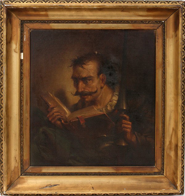 ANTIQUE OIL ON CANVAS, 16" X 14", DON QUIXOTE: ANTIQUE OIL ON CANVAS, 16" X 14", DON QUIXOTE:Image depicts Don Quixote, holding a lance in his left hand, engrossed in reading a book about chivalry. Framed. Unsigned. Label on verso with hand writte