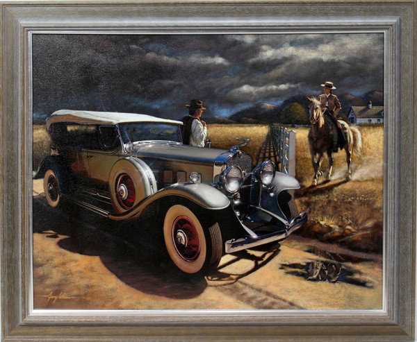 GARY WHINN ACRYLIC ON CANVAS, 30" X 24", : GARY WHINN [GB 20TH C.], ACRYLIC ON CANVAS, 30" X 24", "ARE THE STORM CLOUDS BEHIND US?":Featuring a man standing beside a 1931 Cadillac V 12 Sport Phaeton speaking to a woman on horseback with storm 