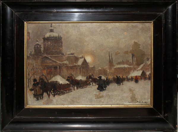 OIL ON ARTIST BOARD, 1907 13 X 20,: OIL ON ARTIST BOARD, 1907 13 X 20, ST. PETERSBURG, ST ISAAC CATHEDRAL:Depicting a winter scene with buildings, people, horses, buggies and snow. Illegibly signed and dated in lower right hand corner "