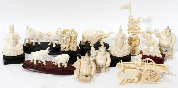 CHINESE/JAPANESE CARVED IVORY FIGURES, TWELVE: CHINESE/JAPANESE CARVED IVORY FIGURES, TWELVE, H 2" TO 5":the Chinese items include: one elephant on wood stand, 1 1/2" H. x 2 1/2" L., two elephants on wood stand, 1" & 1 1/2" H., one ox and cart wit