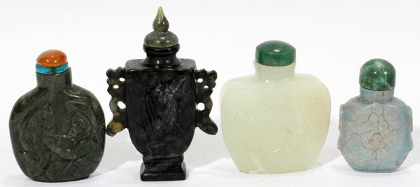 CARVED HARDSTONE SNUFF BOTTLES, 4 PCS., H 2"-3": CARVED HARDSTONE SNUFF BOTTLES, 4 PCS., H 2" - 3":includes one of dark green with fisherman with fish and abstract designs on opposite side, opaque and orange tones to cap, signed on the underside; se