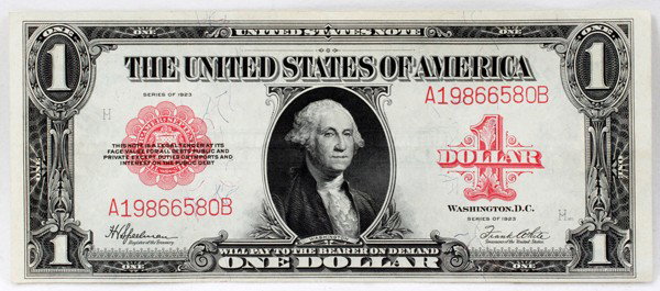 US $1.00 PAPER NOTE RED SEAL A-19866580-B 1923: US $1.00 PAPER NOTE RED SEAL A-19866580-B 1923:Speelman & White. Crisp unused. Hardly can see minor folds.