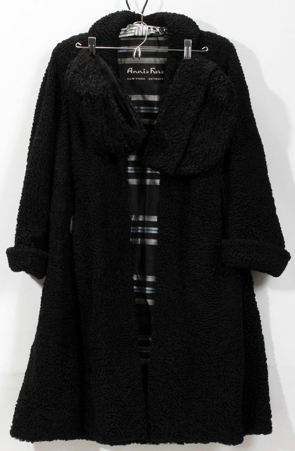 ANNIS FURS LAMBS WOOL COAT, PLUS TWO HATS: ANNIS FURS LAMBS WOOL COAT, PLUS TWO HATS:The coat measures 41" from shoulder to hem and includes an "Annis Furs New York-Detroit" label at the interior. Also includes 2 lambs wool hats.