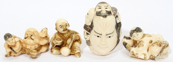 JAPANESE CARVED NETSUKES, FOUR, H 3/4" - 2": JAPANESE CARVED NETSUKES, FOUR, H 3/4" - 2":Depicts a man with a double gourd, a man with two you boys, a reclining man and a carved face of a man and a woman on opposite surrounded by masks of childr