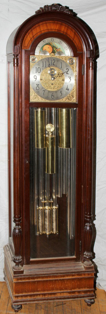 HERSCHEDE MAHOGANY GRANDFATHER CLOCK, H 78", : HERSCHEDE MAHOGANY GRANDFATHER CLOCK, H 78", W 20":Three weights, brass dial, Whittington, Westminster and Canterbury chimes. Made by Herschede in Cincinnati. From the Estate of Edward and Dorothy Lan