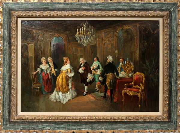 RODRIGUEZ, OIL ON CANVAS, C. 1960, 24" X 36",: RODRIGUEZ, OIL ON CANVAS, C. 1960, 24" X 36", PARLOR ENGAGEMENT SCENE:An 18th century style parlor scene depicting engagement. From the Estate of Gloria Vuici - Smith, Grosse Pointe, Mi.
