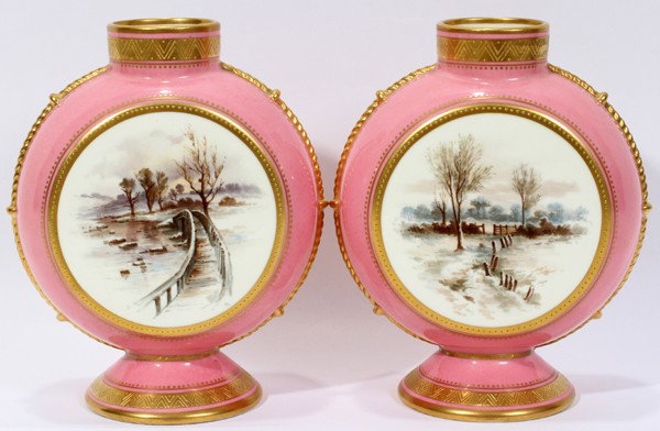 MINTON PORCELAIN VASES, ENGLAND, C. 1873-1912,: MINTON PORCELAIN VASES, ENGLAND, C. 1873-1912, PAIR, H 6", W 4 3/4":Each is of pilgrim flask-form and uniquely hand-painted with an early spring landscape on either side, not signed, on a pink ground 
