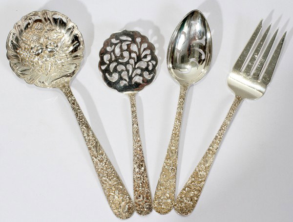 S. KIRK & SON STERLING SERVING UTENSILS, FOUR, : S. KIRK & SON STERLING REPOUSSE SERVING UTENSILS, FOUR, L 7 1/2"-9 1/4":Including 1 berry spoon, 1 tomato server, 1 pierced serving spoon, and 1 cold meat fork. Totaling approximately 10.88 troy oz.