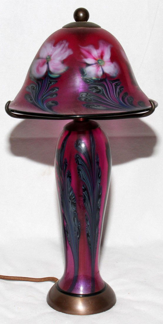 DANIEL LOTTON ART GLASS LAMP, 1989, H 14 1/2",: DANIEL LOTTON ART GLASS LAMP, 1989, H 14 1/2", DIA 7":Signed and dated at the underside.