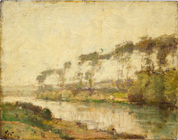ATTRIBUTED WILLIAM KEITH, SKETCH/OIL ON BOARD: ATTRIBUTED WILLIAM KEITH, SKETCH/OIL ON BOARD, 7" X 9", LANDSCAPE WITH RIVER, NOT FRAMED:Signed lower left (see additional photo), not framed.