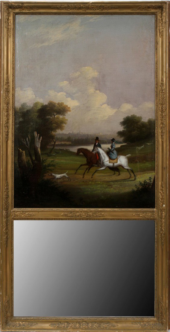 HAND PAINTED TRUMEAU MIRROR, H 57", W 28": HAND PAINTED TRUMEAU MIRROR, H 57", W 28":Hand painted Horses & dogs by a lake.