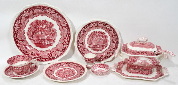 MASON'S 'VISTA' PINK TRANSFER WARE DISHES, 58: MASON'S 'VISTA' PINK TRANSFER WARE DISHES, 58 PIECES:Set includes 11 dinner plates, Dia. 10 1/2", 12 salad plates, Dia. 8", 11 plates, Dia. 7", 11 saucers, 8 cups [some crazing], 3 salts, 1 egg cup an