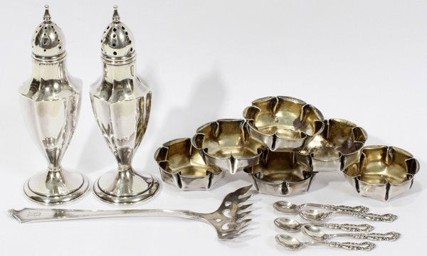 AMERICAN STERLING SALT & PEPPER SHAKERS,: AMERICAN STERLING SALT & PEPPER SHAKERS, OPENS SALTS & SPOONS & SARDINE FORK, 14 PIECES:Including a pair of weighted salt and pepper shakers by Saart Bros. Co., H. 5"; 6 open salts, stamped "Sterling"