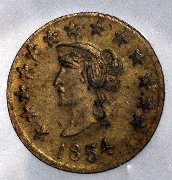1/4 DOLLAR GOLD COIN, 1854, CALIFORNIA: 1/4 DOLLAR GOLD COIN, 1854, CALIFORNIA:California gold. Bear and liberty head From the Estate of Gloria Vuici - Smith, Grosse Pointe, Mi.