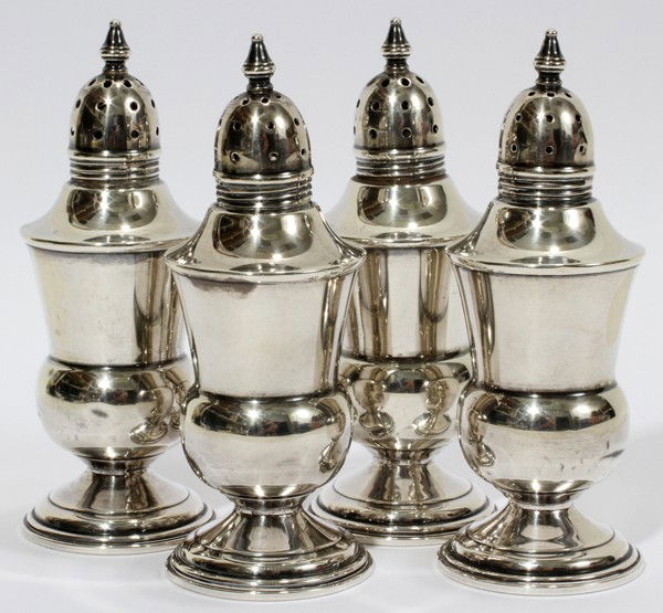 STERLING SALT & PEPPER SHAKERS, TWO PAIRS: STERLING SALT & PEPPER SHAKERS, TWO PAIRS: From the Estate of Gloria Vuici - Smith, Grosse Pointe, Mi.