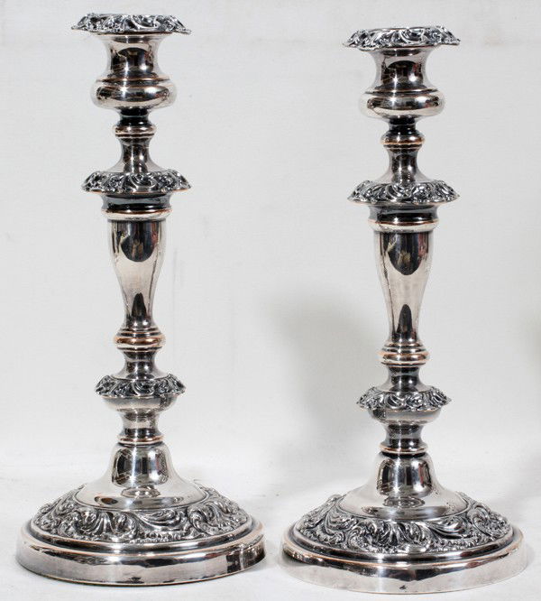 SHEFFIELD SILVERPLATE CANDLESTICKS, PAIR, H 12": SHEFFIELD SILVERPLATE CANDLESTICKS, PAIR, H 12":Old Sheffield plate. From the Estate of Gloria Vuici - Smith, Grosse Pointe, Mi.