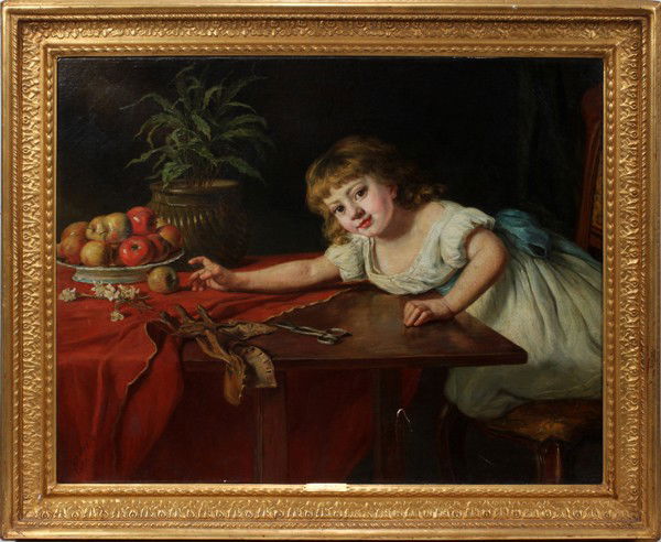 JOHN THOMAS PEELE OIL ON CANVAS, 27" X 35",: JOHN THOMAS PEELE (BRITISH 1822-1897), OIL ON CANVAS, 27" X 35", 'FORBIDDEN FRUIT':Signed and dated 1891. From the Estate of Gloria Vuici - Smith, Grosse Pointe, Mi.
