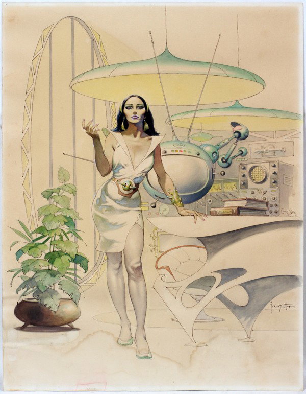 FRANK FRAZETTA MIXED MEDIA ON PAPER, 18" X 14": FRANK FRAZETTA (AMERICAN 1928), MIXED MEDIA ON PAPER, 18" X 14", "DEINA":18" x 13 3/4". Original work is done in pen and ink, watercolor and gouache and is on the back of a process print of the artist
