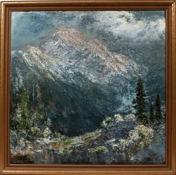 NELLIE AUGUSTA KNOPF OIL ON CANVAS: NELLIE AUGUSTA KNOPF [AMERICAN 1875-1962], OIL ON CANVAS LAID DOWN ON BOARD, 'MOUNTAINSCAPE' Signed lower left and framed. Canvas laid down on board with the canvas reduced in size and with the lower