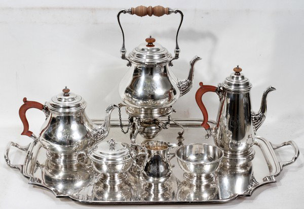 ADIE BROS. LTD. STERLING COFFEE/TEA SERVICE, : ADIE BROS. LTD. ENGLISH STERLING SILVER COFFEE/TEA SERVICE, SEVEN PIECES:Birmingham, England. Service includes a water kettle with burner, coffee pot, teapot, covered sugar bowl, creamer and waste bow