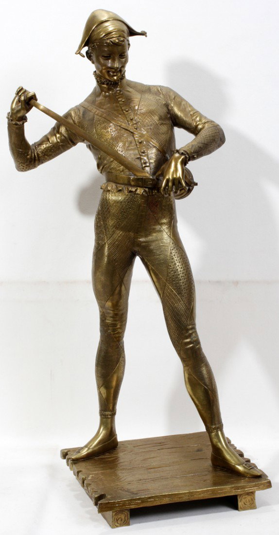 PAUL DUBOIS, PATINATED BRONZE FIGURE, H 34", : PAUL DUBOIS, PATINATED BRONZE FIGURE, H 34", "HARLEQUIN A LA BATE": FRENCH 1829-1905:Provenance: Manheim Gallery, New Orleans. Signed; golden patina.